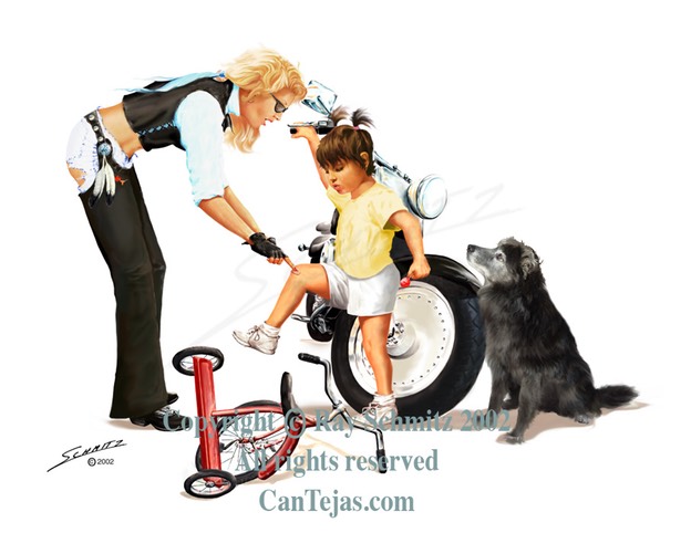 Babes,little girl, dog, helping, biker babe